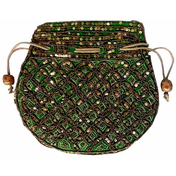 Potli Bag Drawstring Purse Gold Thread Sequin Embroidery, Green 11805 :P - Picture 1 of 3